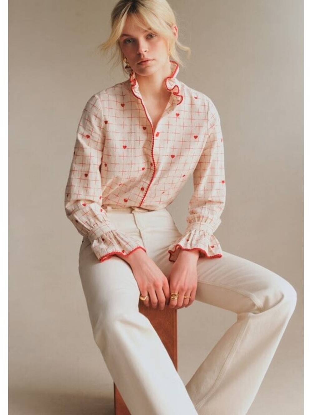 Sezane Lise Shirt Ecru with Red Hearts and Checks US 4 NEW